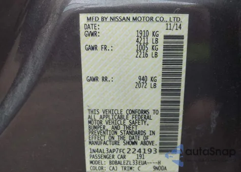2015 Nissan Altima 2.5 S from USA, damaged, VIN 1N4AL3AP7FC224193